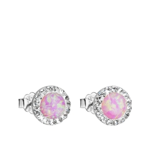 Strieborné náušnice kôstky so syntetickým opál a krištály Swarovski ružové okrúhle